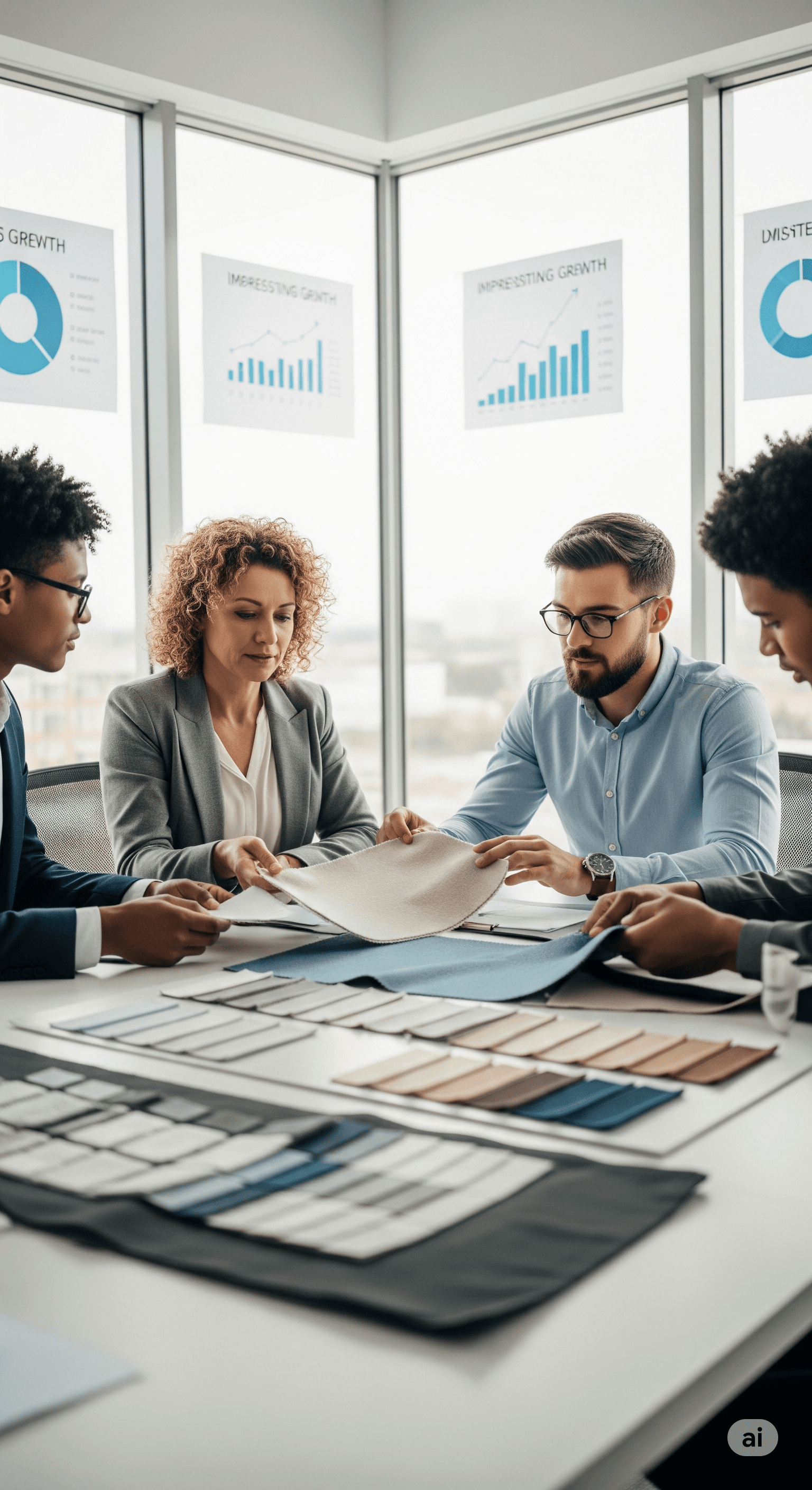 Equipo de Gancakaku revisando muestras de textiles en un ambiente colaborativo